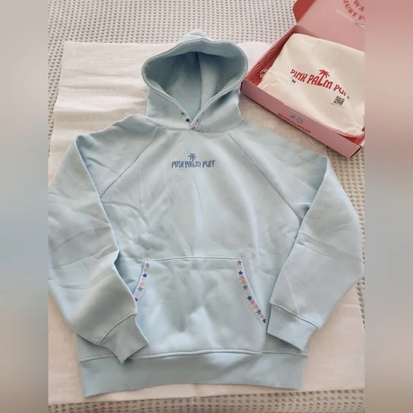 πβ΅οΈNew Pink Palm puff Chase the Sun Relaxed Hoodie in Sky Blue M - Picture 8 of 13